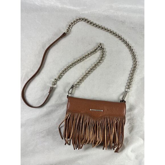 Rebecca Minkoff Fringed Leather Crossbody Bag Purse IPhone Holder Camel 6 x 4 - Picture 1 of 6